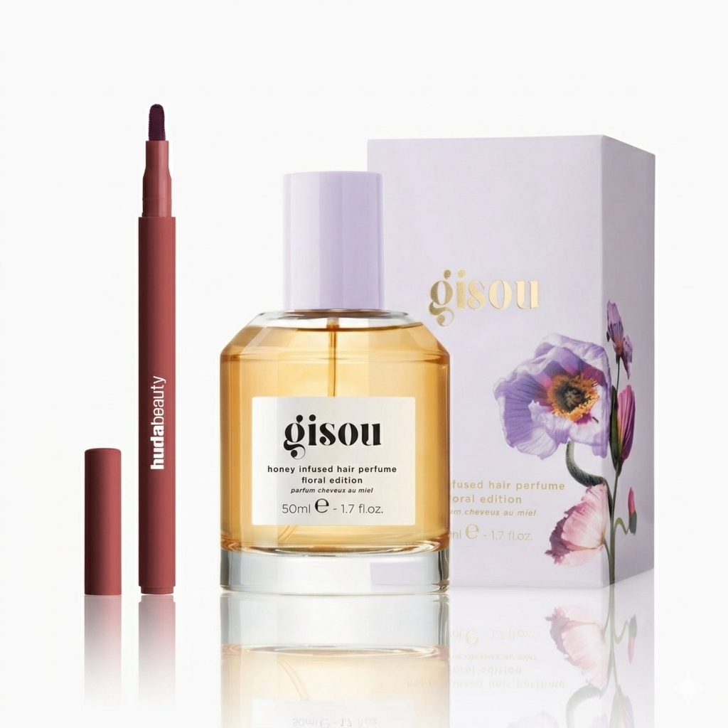 Gisou Hair Perfume + HudaBeauty contour Lip Stain