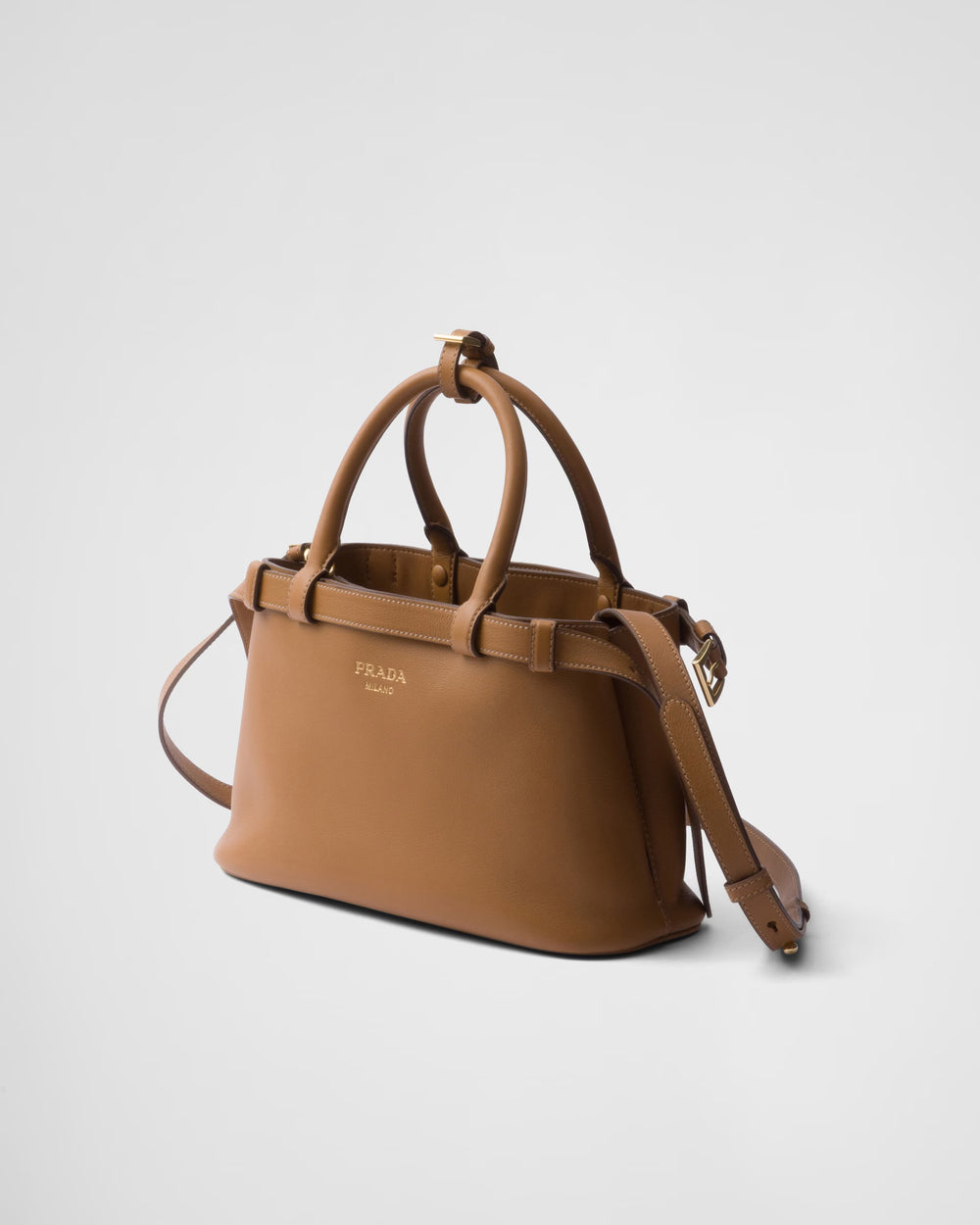 Prada Buckle small leather handbag with double belt Caramel